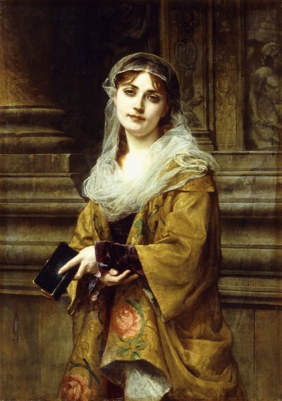 En ung kvinne utenfor en kirke, av Charles Louis Lucien Muller