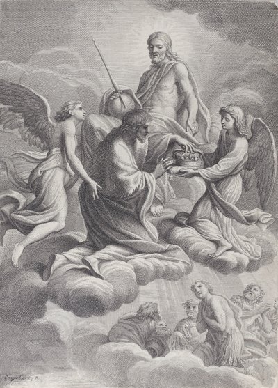Saint Louis av Frankrike mottatt til himmelen av Kristus og to engler som tilbyr ham c..., 1671-80. av Charles Louis Simonneau