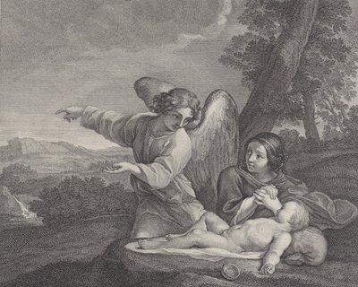 Engelen som viser seg for Hagar i ødemarken mens hun folder hendene ved siden av søvnen..., 1700-28. av Charles Louis Simonneau