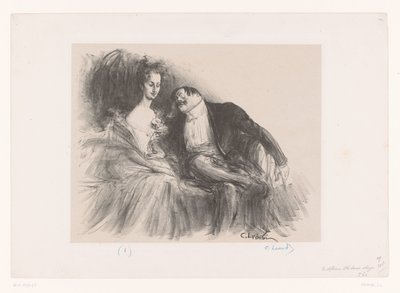Mann med briller ser på ung kvinne Le défloreur et la demi-vierge av Charles Lucien Leandre