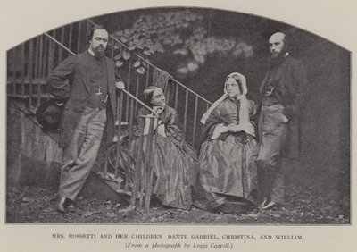 Fru Rossetti og hennes barn Dante Gabriel, Christina og William (s/hv-bilde) av Charles Lutwidge Dodgson