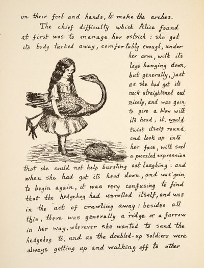 Alice holder strutsen sin, illustrasjon fra Alices Adventures Under Ground, pub. 1886 (faksimile) av Charles Lutwidge Dodgson