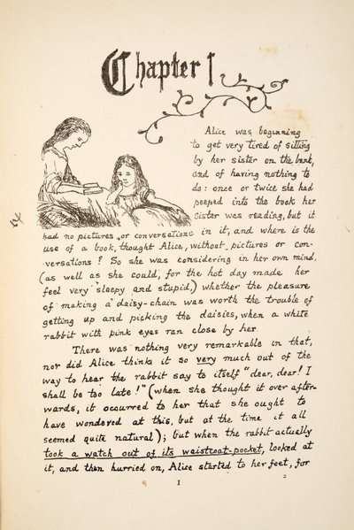 Alice med søsteren sin, illustrasjon fra Alices Adventures Under Ground, pub. 1886 (faksimile) av Charles Lutwidge Dodgson