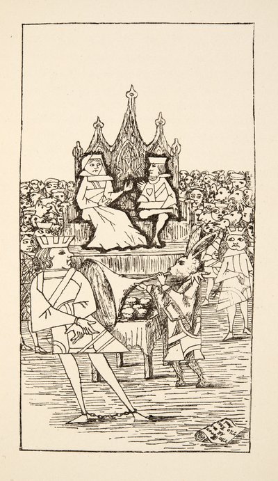 Trial of the Knave of Hearts, illustrasjon fra Alices Adventures Under Ground, pub. 1886 (faksimile) av Charles Lutwidge Dodgson