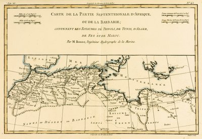 Nord-Afrika, inkludert kongedømmene Tripoli, Tunis, Alger; Fez og Marokko, fra Atlas of All the Known Parts of the Terrestrial Globe av Guillaume Raynal (1713-96) utgitt Genève, 1780 (farge) av Charles Marie Rigobert Bonne