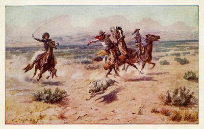 Cowboyer som jager en prærieulv av Charles Marion Russell