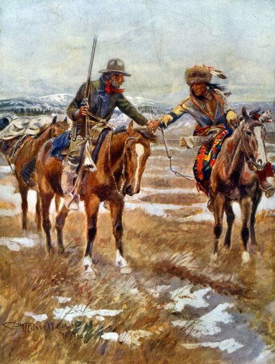 Møtet mellom amerikanske og indianere som håndhilser på hesteryggen av Charles Marion Russell