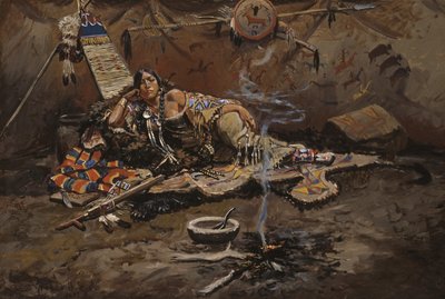Waiting And Mad (olje om bord montert på masonitt) av Charles Marion Russell