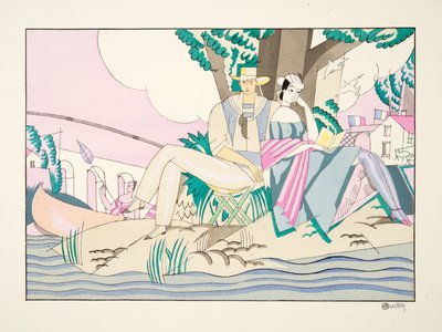 La Peche fra Sports & Entertainment, pub. 1914 (stensiltrykk) av Charles Martin