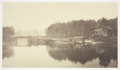 Uten tittel, c. 1850. [Bro og hytte i Bois de Boulogne, en park i Paris]. av Charles Marville