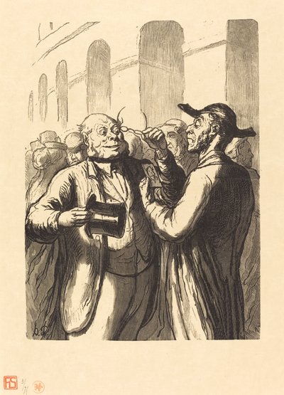 Universell utstilling: Inspeksjonen av fotografier ved turnstiles av Charles Maurand after Honoré Daumier
