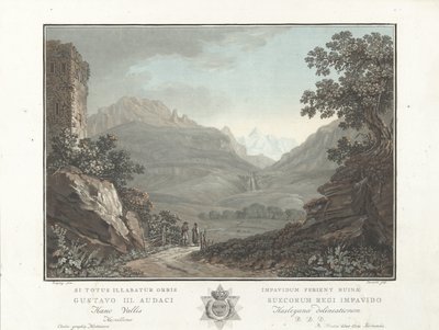 Berglandschap i Sveits Utsikt over Oberhashi-dalen (tittel på objekt) Bemerkelsesverdig utsikt over fjellene i Sveits (serietittel) av Charles Melchior Descourtis
