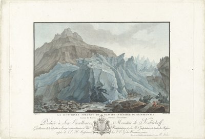 Gletsjer ved Grindelwald Lutchinen som dukker opp fra Nedre Grindelwald-breen. Kanton Bern, provinsen Interlaken (tittel på objekt) Bemerkelsesverdig utsikt over fjellene i Sveits (serietittel) av Charles Melchior Descourtis
