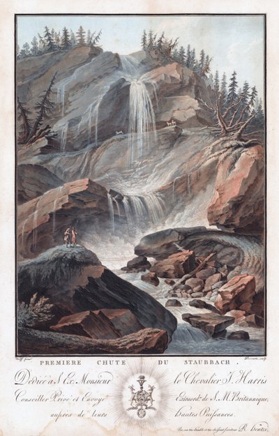 Premiere Chute Du Staubbach, slutten av 1700-tallet/begynnelsen av 1800-tallet (etsing og akvatint) av Charles Melchior Descourtis