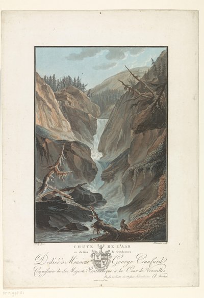Waterval van de rivier de Aare Fall of the Aare over Gutdannen (tittel på objekt) Bemerkelsesverdig utsikt over fjellene i Sveits (serietittel) av Charles Melchior Descourtis