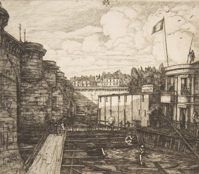 Bain-froid Chevrier Chevriers kaldbadsetablering, eller The School Baths, Paris, 1864. av Charles Meryon