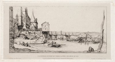 Gangbro midlertidig erstatter Exchange Bridge, Paris, etter brannen i 1621 av Charles Meryon