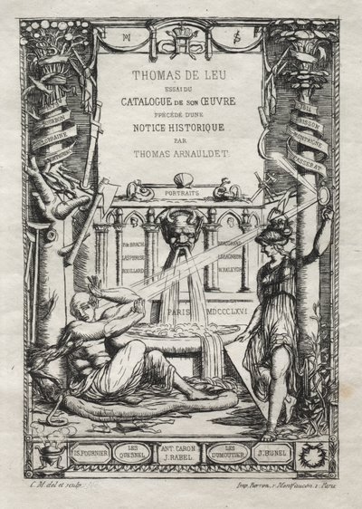 Frontispice for en katalog over graveringene til Thomas de Leu, 1866. av Charles Meryon
