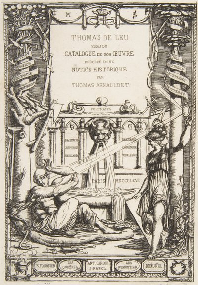Frontispice for katalogen over arbeidet til Thomas De Leu, 1866. av Charles Meryon
