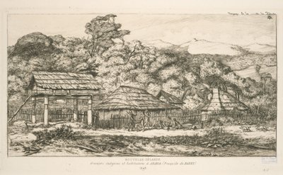 Innfødte kornmagasiner og boliger på Akaroa, Banks Peninsula, illustrasjon fra 