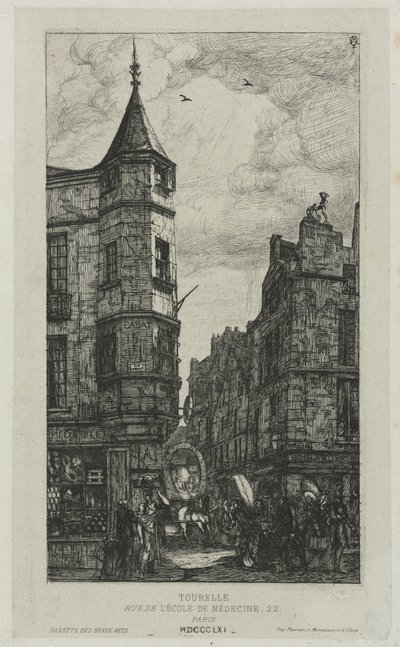 Hus med et tårn, nr. 22, rue de L'Ecole de Médecine, Paris, (kalt Marat-tårnet) av Charles Meryon