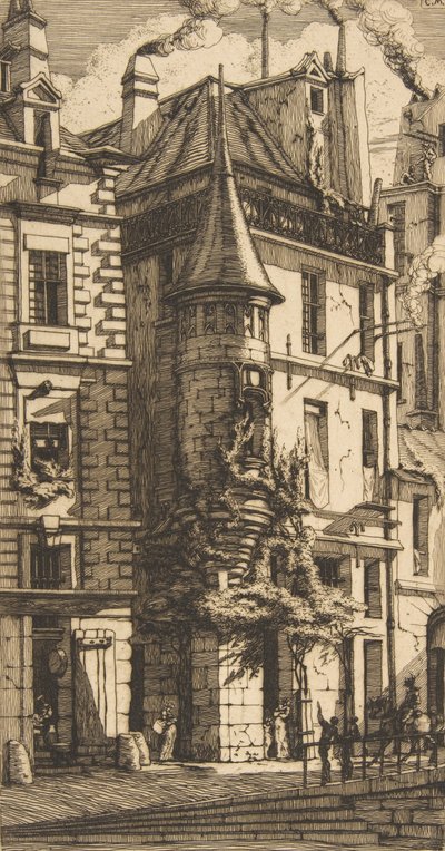 Hus med et tårn, rue de la Tixéranderie, Paris, 1852. av Charles Meryon