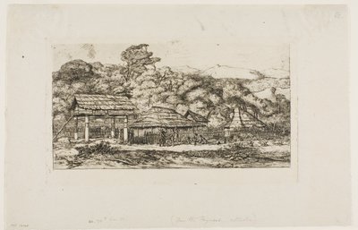 Innfødte låver og hytter på Akaroa, Banks#39; Peninsula, 1845 av Charles Meryon