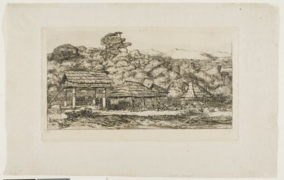 Innfødte låver og hytter på Akaroa, Banks#39; halvøy, 1845 av Charles Meryon