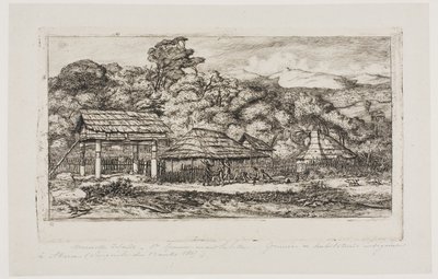 Innfødte låver og hytter på Akaroa, Banks#39; halvøy, 1845 av Charles Meryon