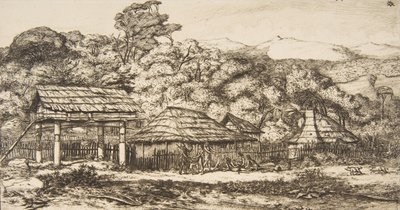 Innfødte låver og hytter på Akaroa, Banks Peninsula, 1845, 1860. av Charles Meryon