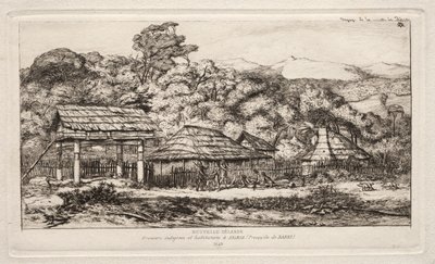 Innfødte låver og hytter på Akaroa, Banks Peninsula, 1845, 1865. av Charles Meryon