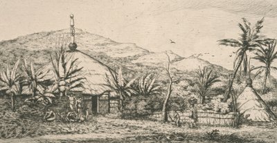 Ny-Caledonia, Ny-Caledonia: stor innfødt hytte på gangveien til Poepo, illustrasjon fra "Etching of the Pacific...", 1863 av Charles Meryon