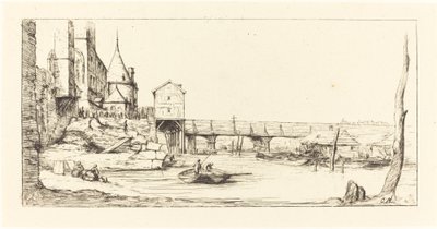 Passerelle du Pont-au-Change, Paris, etter brannen i 1621 gangbro..., 1860. av Charles Meryon
