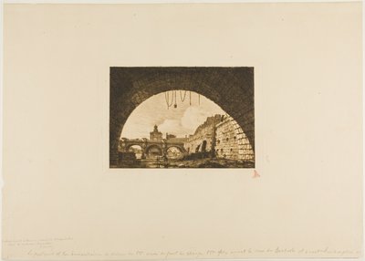Pont-Neuf og Samaritaine sett fra under den første buen til Pont-au-Change, Paris av Charles Meryon