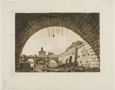 Pont-Neuf og Samaritaine sett fra under den første buen til Pont-au-Change, Paris av Charles Meryon