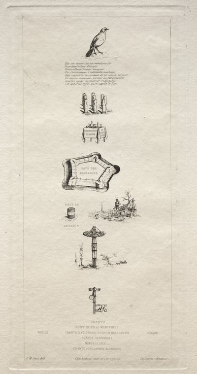 Rebus: Beranger var egentlig ikke sterk for han hadde aldri nøkkelen til åkrene, 1863. av Charles Meryon