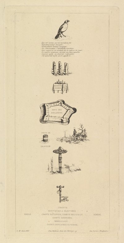 Rebus: Béranger var egentlig ikke sterk, for han hadde aldri nøkkelen til åkrene, 1863. av Charles Meryon
