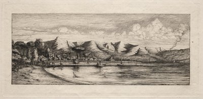Notfiske utenfor Charcoal Burners Point, Akaroa, 1865. av Charles Meryon