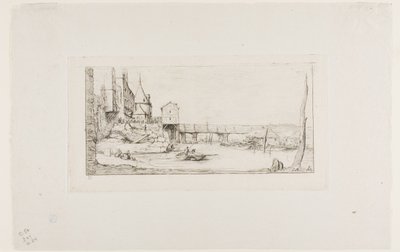 Gangbroen som midlertidig erstatter Pont-au-Change, Paris, etter brannen i 1621 av Charles Meryon