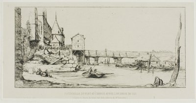Gangbroen som midlertidig erstatter Pont-au-Change, Paris, etter brannen i 1621 av Charles Meryon