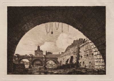 Den nye broen og Samaritaine sett fra under den første buen..., 1855. av Charles Meryon