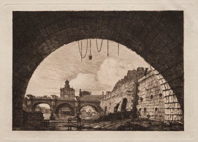 Den nye broen og Samaritaine sett fra under First Arch of Exchange Bridge, Paris av Charles Meryon