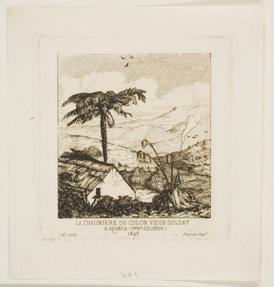 Den gamle soldatens stråtakshytte, Akaroa, 1845 av Charles Meryon