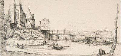 Gangbroen som midlertidig erstattet Pont-au-Change, Paris, etter brannen i 1621, af ..., 1860. av Charles Meryon