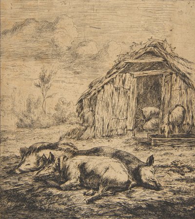 Tre griser som ligger foran et skur, 1850. av Charles Meryon