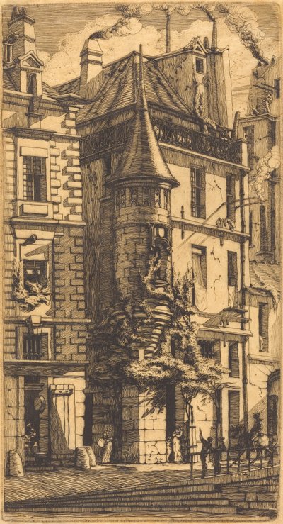 Turret i Rue de la Tixéranderie, Paris (Hus med et tårn, Weavers' Street, Paris) av Charles Meryon
