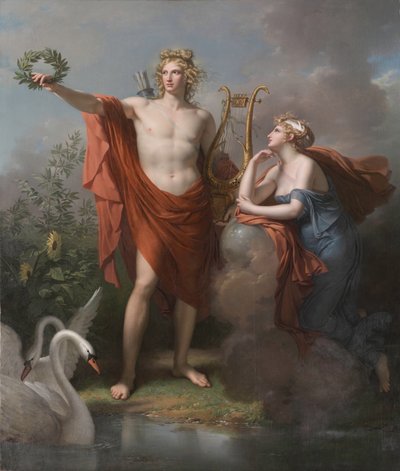 Apollo, gud for lys, veltalenhet, poesi og kunst med Urania, Muse of Astronomy av Charles Meynier