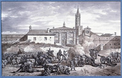 Kampanjer i Italia: "" Napoleon Bonaparte (1769-1821) og marechal Augereau satte en dør til Verona i Italia med en kanon i 1796""" Tegning i pennen tilskrevet Charles Meynier (1768-1832). Dim. 0,25x0,4 m. Paris, Louvre-museet av Charles Meynier