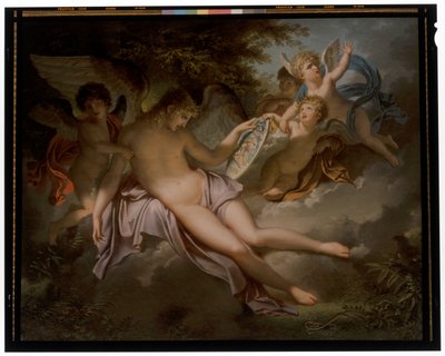 Amor gråter over tapet av Psyche, hvis portrett han stopper i hendene av Charles Meynier