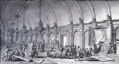 Plyndring av kunstverk under Napoleon Bonaparte: "Madonnaen av Correge (Antonio Correggio) ble tatt fra akademiet i Parma og overlevert til de franske kuratorene i mai 1796". Tegning med kinesisk blekk av Charles Meynier (1768-1832). Dim. 0,17x0,32 m av Charles Meynier